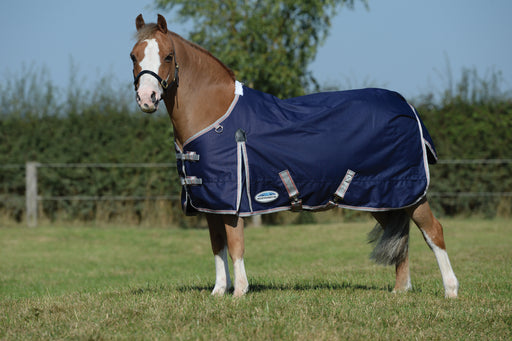 WeatherBeeta ComFiTec Essential Standard Neck Turnout Blanket (220g Medium) in Navy with Silver/Red Trim