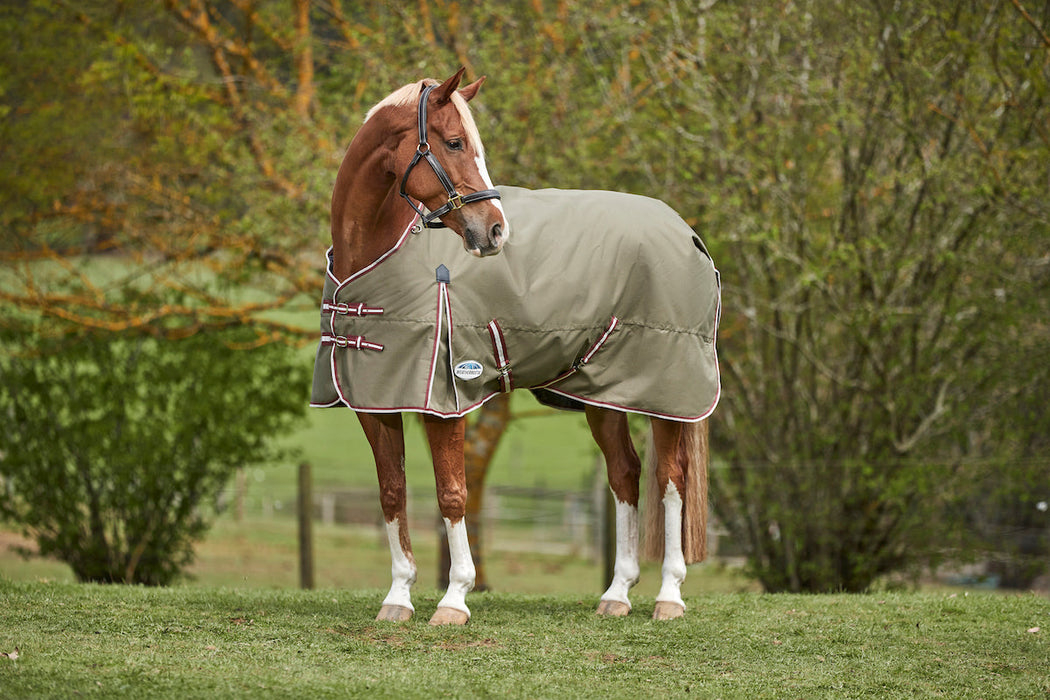 WeatherBeeta ComFiTec Essential Standard Neck Turnout Blanket (220g Medium) in Olive Green with Burgundy/White Trim