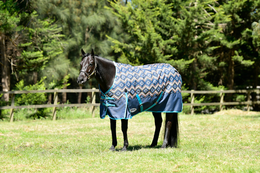 WeatherBeeta ComFiTec Essential Standard Neck Turnout Blanket (220g Medium) in Sedona Star - On horse from side