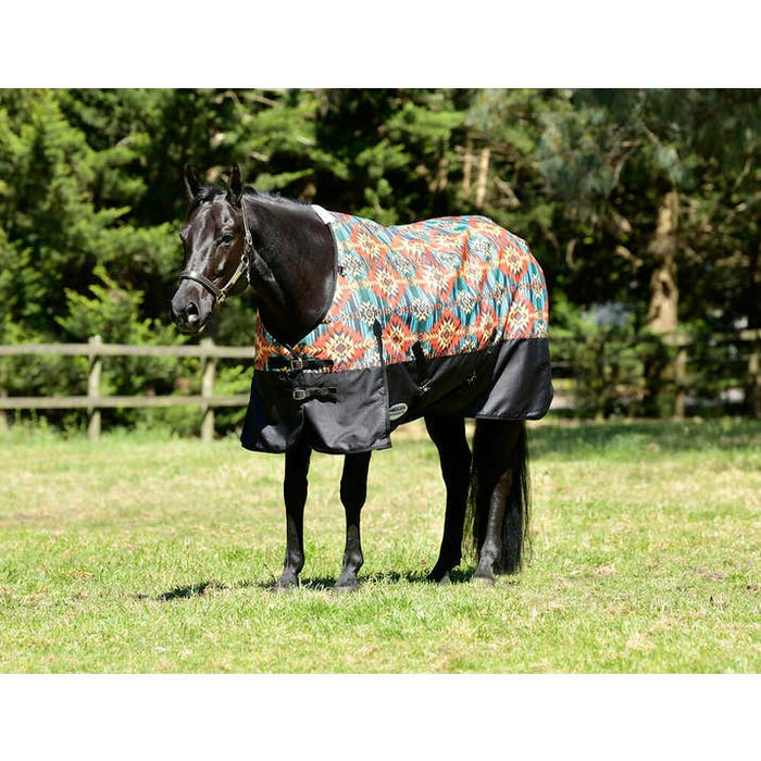 WeatherBeeta ComFiTec Essential Standard Neck Turnout Blanket (220g Medium) in Western Sunset Print - On horse from side