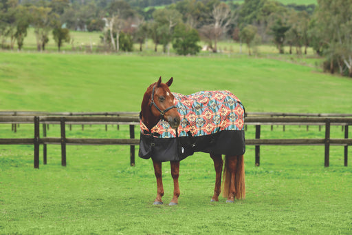 WeatherBeeta ComFiTec Essential Standard Neck Turnout Sheet (0g Lite) in Western Sunset Print - On horse from side