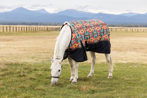 WeatherBeeta ComFiTec Essential Standard Neck Turnout Sheet (0g Lite) in Western Sunset Print - On horse grazing from side