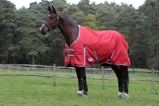 WeatherBeeta ComFiTec Classic Standard Neck Turnout Blanket (220g Medium) in Red with Silver/Navy Trim