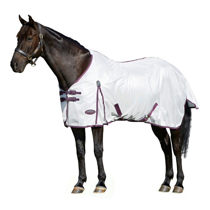 WeatherBeeta ComFiTec Essential Mesh II Standard Neck Fly Sheet (No Fill) in White (Maroon/Grey Trim) - On horse from side with white background