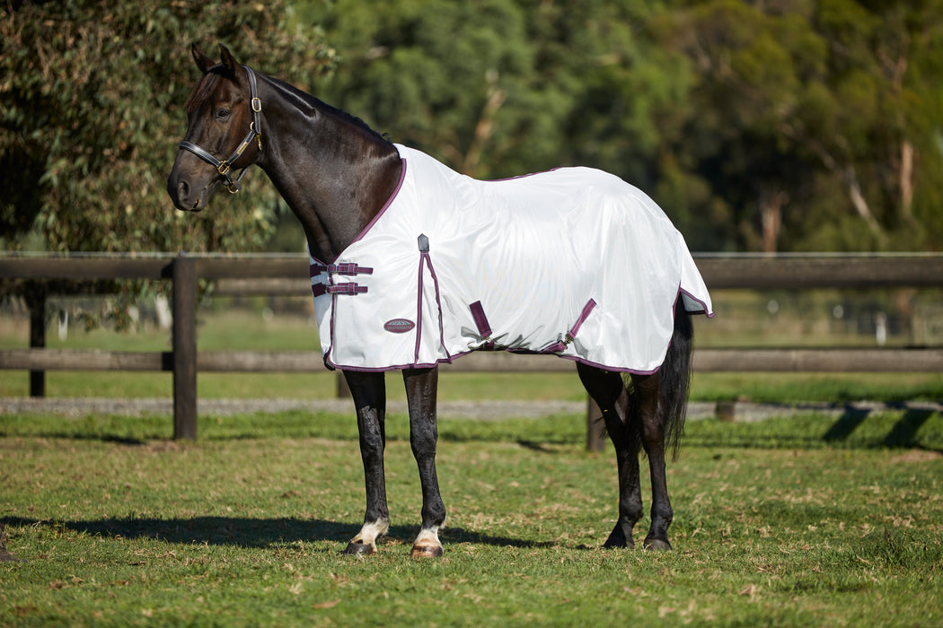 WeatherBeeta ComFiTec Essential Mesh II Standard Neck Fly Sheet (No Fill) in White (Maroon/Grey Trim) - On horse from side