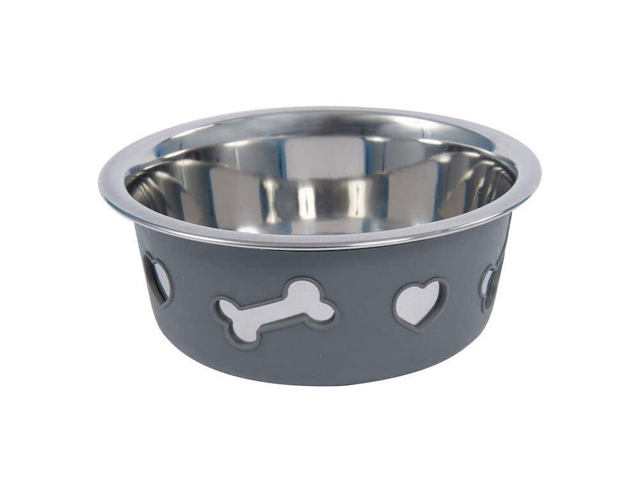 WeatherBeeta Non-Slip Stainless Steel Silicone Bone Dog Bowl in Dark Grey