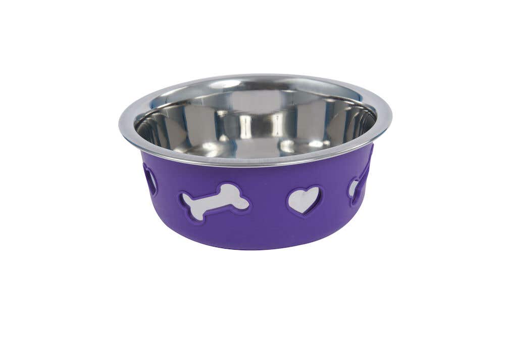 WeatherBeeta Non-Slip Stainless Steel Silicone Bone Dog Bowl in Purple