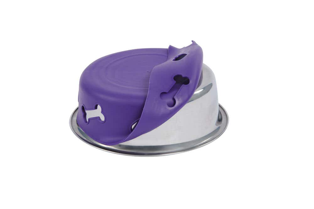 WeatherBeeta Non-Slip Stainless Steel Silicone Bone Dog Bowl in Purple - Showing silicon being removed