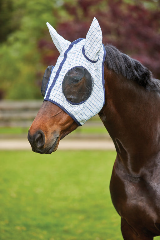 WeatherBeeta Kool Coat Classic Fly Mask (Standard With Ears) in White (Navy Trim) - Mask only on horse