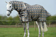 WeatherBeeta ComFiTec Essential Mesh II Combo Neck Fly Sheet (No Fill + Hood) in Grey Navajo Print - On horse from side