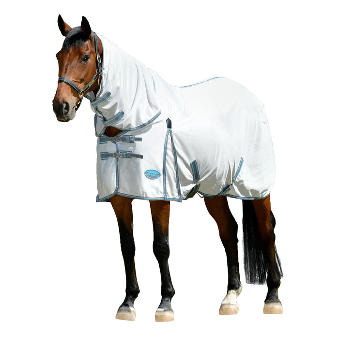 WeatherBeeta ComFiTec Essential Mesh II Combo Neck Fly Sheet (No Fill + Hood) in White (Grey/Bright Blue Trim) - On horse from side with white background