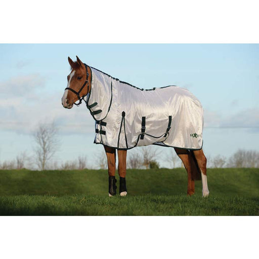 Saxon Mesh Combo Neck Fly Sheet (No Fill + Hood + Gusset + Belly Wrap) in White (Hunter Trim) - On horse