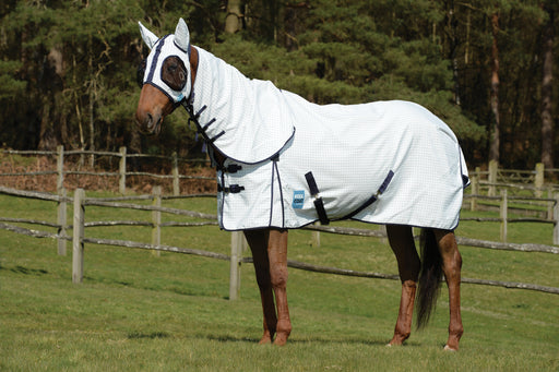 WeatherBeeta Kool Coat Classic Fly Mask (Standard With Ears) in White (Navy Trim) - Mask and matching summer sheet on horse