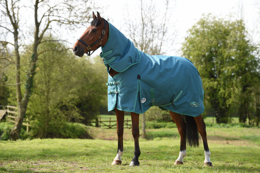 WeatherBeeta Green-Tec 1200D Detach-A-Neck Turnout Blanket (220g Medium) in Dragonfly Blue with Bottle Green Trim