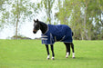 WeatherBeeta ComFiTec Essential Plus Standard Neck Turnout Sheet (0g Lite) in Navy (Silver/Red Trim) - On horse from side