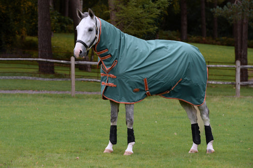 WeatherBeeta ComFiTec Tyro Plus Combo Neck Turnout Blanket (50g Medium-Lite) in Green (Burnt Orange/White Trim) - On horse from side