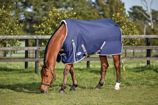 WeatherBeeta ComFiTec Essential Standard Neck Turnout Blanket (100g Medium-Lite) in Navy with Silver/Red Trim