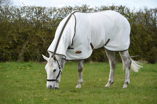 WeatherBeeta ComFiTec Tyro Mesh Combo Neck Fly Sheet (No Fill) in White (Green/Burnt Orange Trim) - On horse grazing from side