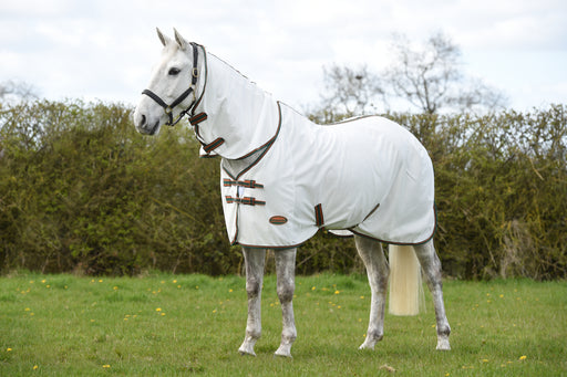 WeatherBeeta ComFiTec Tyro Mesh Combo Neck Fly Sheet (No Fill) in White (Green/Burnt Orange Trim) - On horse from side