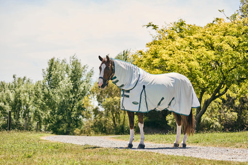 WeatherBeeta ComFiTec Zephyr Plus Mesh Combo Neck Fly Sheet (No Fill) in Silver(Teal Green/Stone Trim) - On horse from side