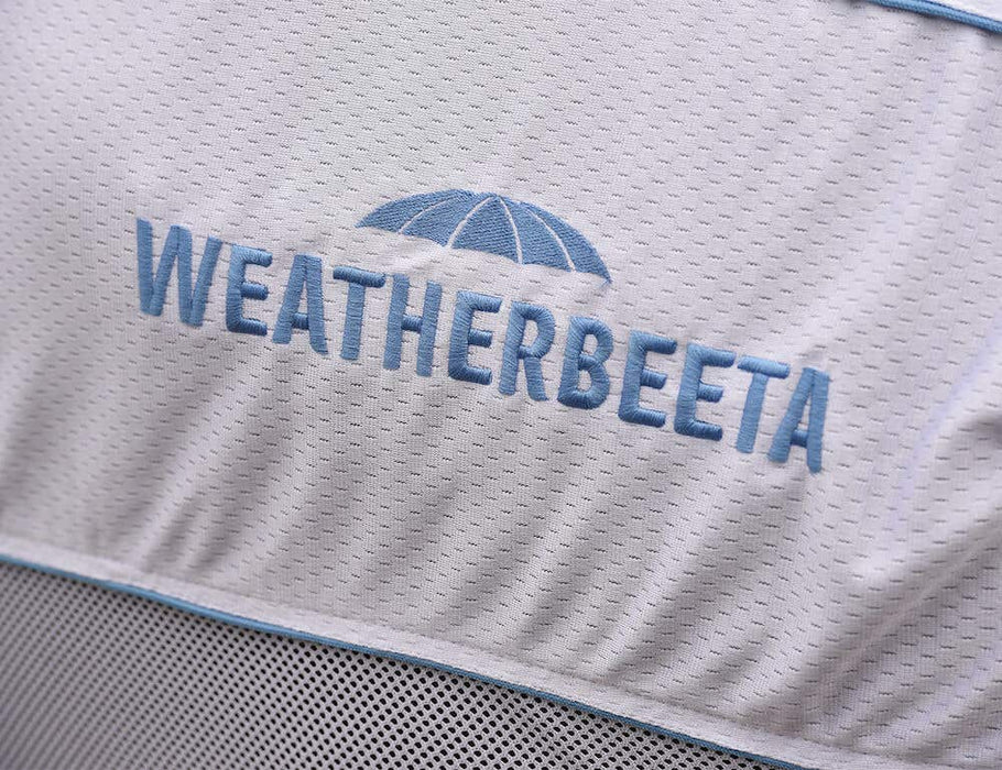 WeatherBeeta Air-Tec Cooler Standard Neck Cooler (No Fill) - Closeup of White (Blue Trim) logo