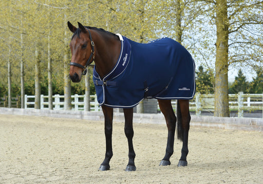 WeatherBeeta Opulence Standard Neck Show Sheet (No Fill) in Navy (White Trim) - On horse from side