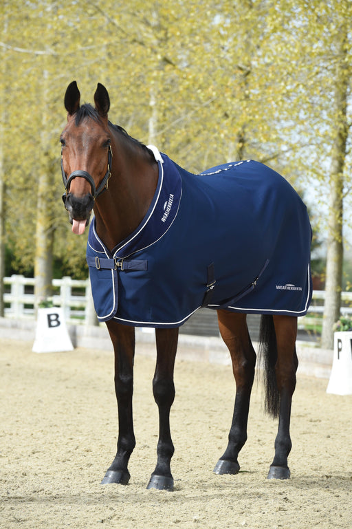 WeatherBeeta Opulence Standard Neck Show Sheet (No Fill) in Navy (White Trim) - On horse from side in portrait