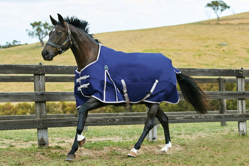 WeatherBeeta ComFiTec Essential Standard Neck Turnout Blanket (360g Heavy) in Navy with Red/Silver Trim