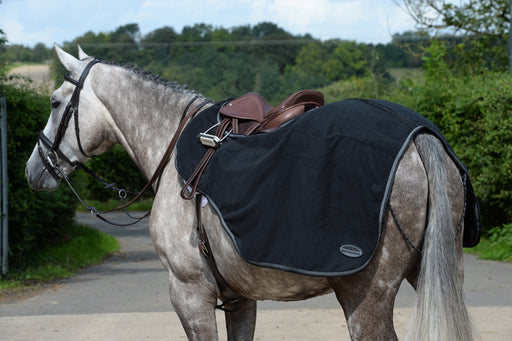 WeatherBeeta Anti-Static Fleece Quarter Sheet (No Fill) in Black (Silver Trim) - On horse from side