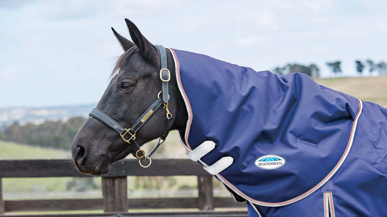 WeatherBeeta ComFiTec Essential Turnout Neck Rug (220g Medium) in Navy with Silver/Red Trim