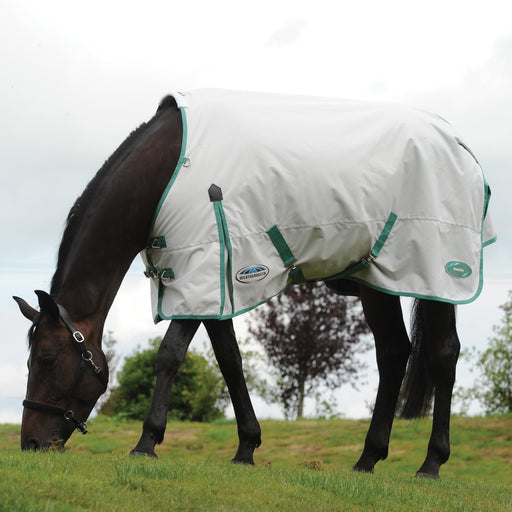 WeatherBeeta Green-Tec 900D Plus Standard Neck Turnout Blanket (50g Medium-Lite) in Light Grey with Bottle Green Trim